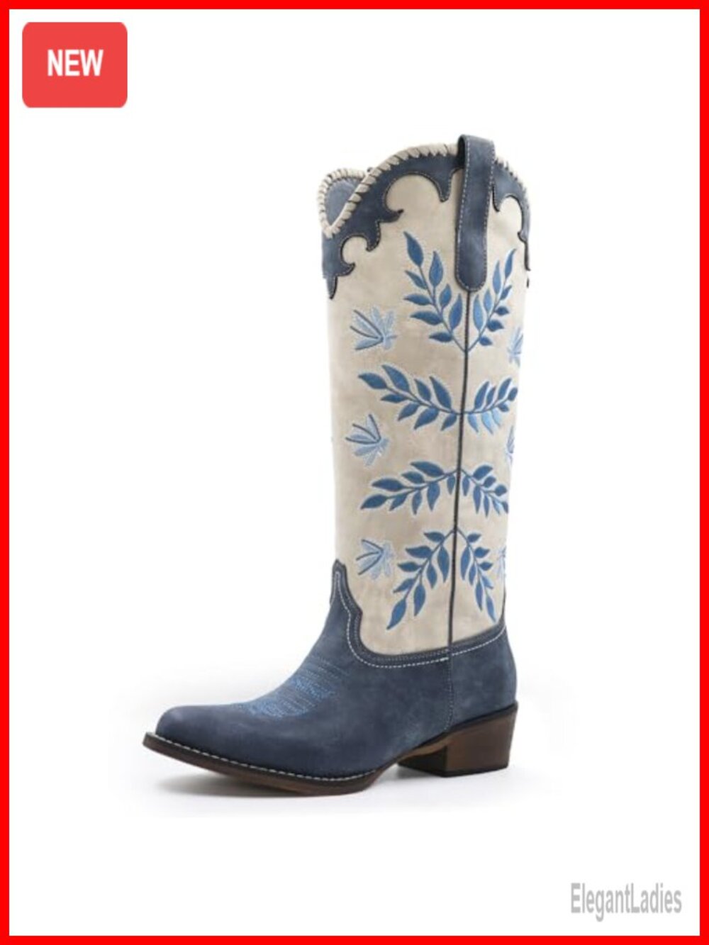 Womens Leaf Embroidered Cowboy Boots Knee High Round Toe Chunky Heel Western